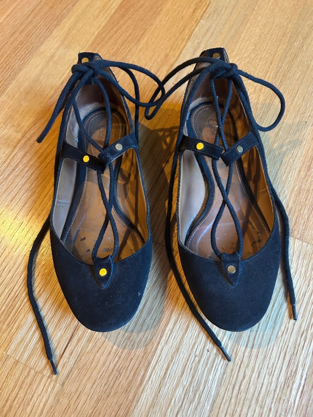 Chloe Black Suede Lace-Up Ballet Flats